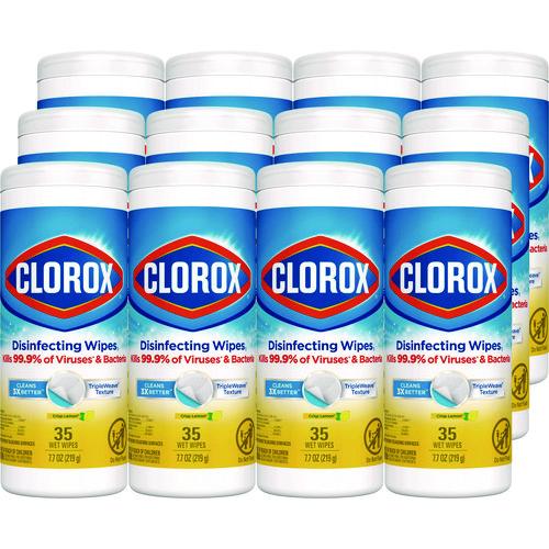 Clorox - Disinfecting Wipes, Bleach Free Cleaning Wipes, 1-Ply, 7 x 8, Crisp Lemon, White, 35/Canister, 12 Canisters/Carton