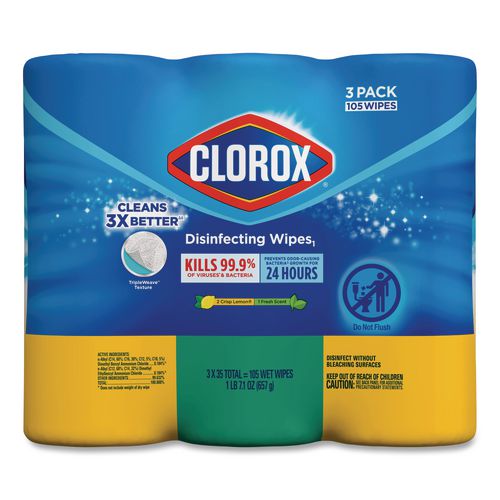 Clorox - Disinfecting Wipes, 1-Ply, 7 x 8, Fresh Scent/Citrus Blend, White, 35/Canister, 3 Canisters/Pack