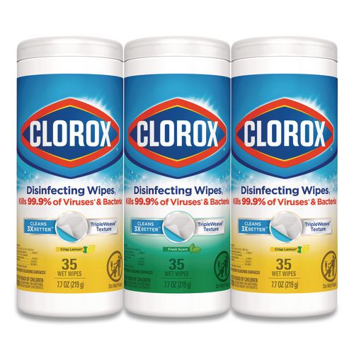Clorox - Disinfecting Wipes, 1-Ply, 7 x 8, Fresh Scent/Citrus Blend, White, 35/Canister, 3 Canisters/Pack
