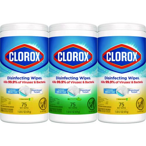 Clorox - Disinfecting Wipes, Value Pack, Bleach Free Cleaning Wipes, 1-Ply, 7x8, Fresh Scent/Citrus Blend, White, 75/Canister, 3/Pack