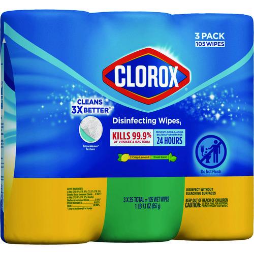Clorox - Disinfecting Wipes, 1-Ply, 7 x 8, Fresh Scent/Citrus Blend, White, 35/Canister, 3 Canisters/Pack