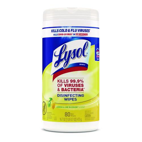 Lysol - Disinfecting Wipes, 1-Ply, 7 x 7.25, Lemon and Lime Blossom, White, 80 Wipes/Canister, 6 Canisters/Carton