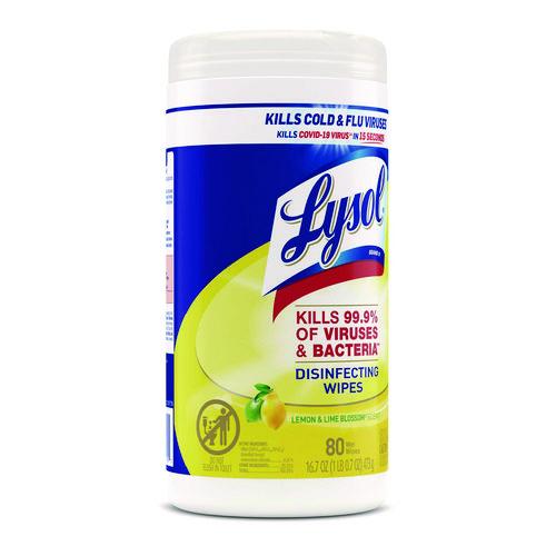 Lysol - Disinfecting Wipes, 1-Ply, 7 x 7.25, Lemon and Lime Blossom, White, 80 Wipes/Canister, 6 Canisters/Carton