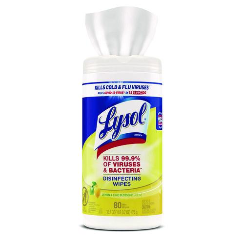 Lysol - Disinfecting Wipes, 1-Ply, 7 x 7.25, Lemon and Lime Blossom, White, 80 Wipes/Canister, 6 Canisters/Carton