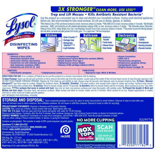 Lysol - Disinfecting Wipes, 1-Ply, 7 x 7.25, Lemon and Lime Blossom, White, 80 Wipes/Canister, 6 Canisters/Carton