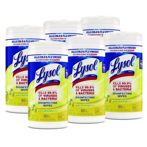 Lysol - Disinfecting Wipes, 1-Ply, 7 x 7.25, Lemon and Lime Blossom, White, 80 Wipes/Canister, 6 Canisters/Carton