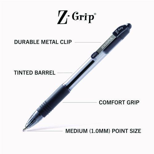 Zebra - Z-Grip Ballpoint Pen, Retractable, Medium 1 mm, Black Ink, Clear/Black Barrel, 24/Pack
