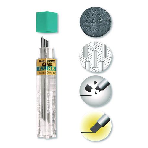 Pantel - Super Hi-Polymer Lead Refills, 0.7 mm, HB, Black, 12/Tube