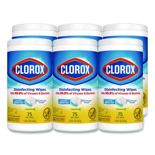 Clorox - Disinfecting Wipes, Bleach Free Cleaning Wipes, 1-Ply, 7 x 7.75, Crisp Lemon, White, 75/Canister, 6 Canisters/Carton