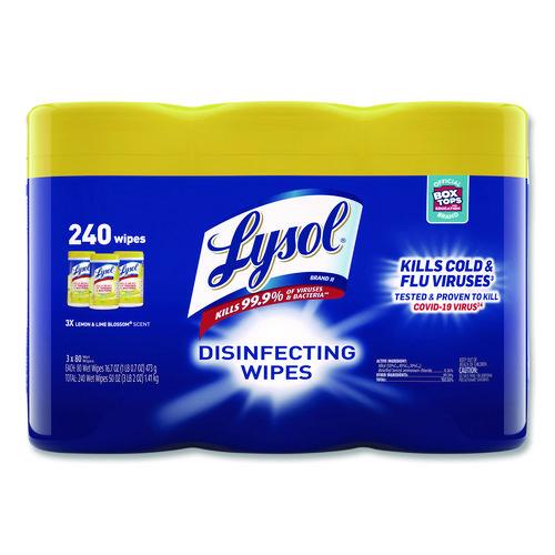 Lysol - Disinfecting Wipes, 1-Ply, 7 x 7.25, Lemon and Lime Blossom, White, 80 Wipes/Canister, 3 Canisters/Pack