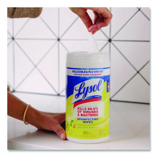 Lysol - Disinfecting Wipes, 1-Ply, 7 x 7.25, Lemon and Lime Blossom, White, 80 Wipes/Canister, 3 Canisters/Pack