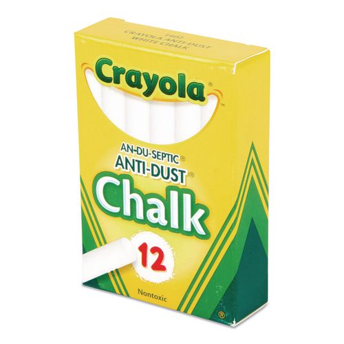 Crayola - Nontoxic Anti-Dust Chalk, 3" x 0.31" Diameter, White, 12 Sticks/Box
