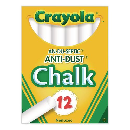 Crayola - Nontoxic Anti-Dust Chalk, 3" x 0.31" Diameter, White, 12 Sticks/Box