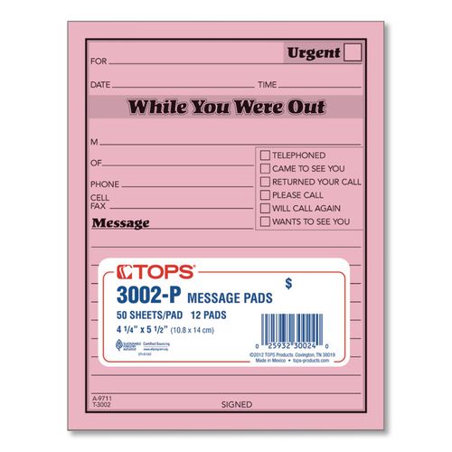 TOPS - Pink Message Pad, One-Part (No Copies), 4.25 x 5.5, 50 Forms/Pad, 12 Pads/Pack