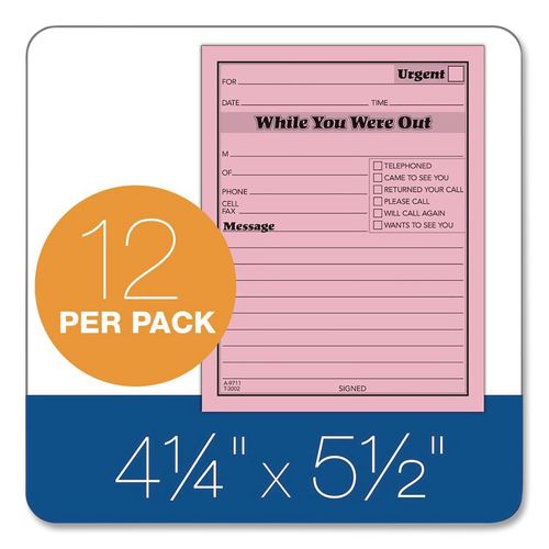 TOPS - Pink Message Pad, One-Part (No Copies), 4.25 x 5.5, 50 Forms/Pad, 12 Pads/Pack