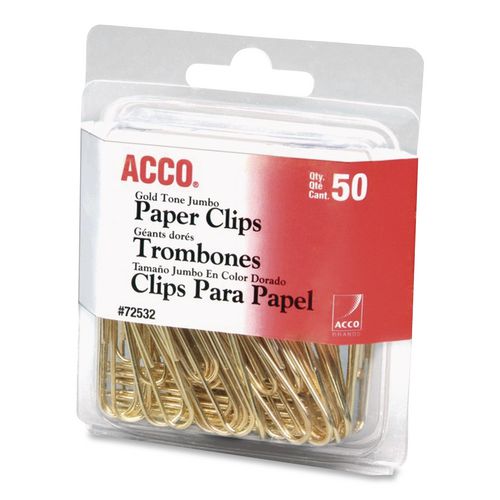 Acco - Gold Tone Paper Clips, Jumbo, Smooth, Gold, 50/Box