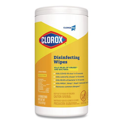 Clorox - Disinfecting Wipes, 1-Ply, 7 x 8, Lemon Fresh, White, 75/Canister, 6/Carton