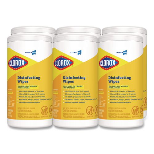 Clorox - Disinfecting Wipes, 1-Ply, 7 x 8, Lemon Fresh, White, 75/Canister, 6/Carton