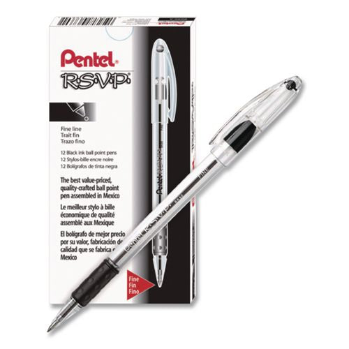 Pantel - R.S.V.P. Ballpoint Pen, Stick, Fine 0.7 mm, Black Ink, Clear/Black Barrel, Dozen