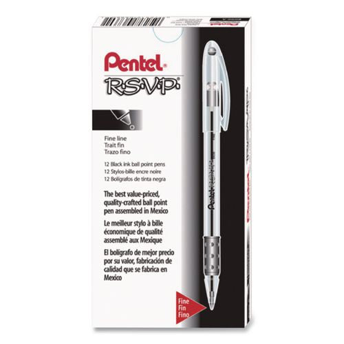 Pantel - R.S.V.P. Ballpoint Pen, Stick, Fine 0.7 mm, Black Ink, Clear/Black Barrel, Dozen