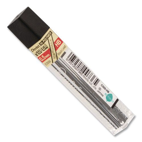 Pantel - Super Hi-Polymer Lead Refills, 0.5 mm, HB, Black, 12/Tube