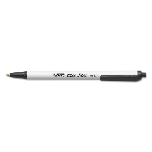 BiC - Clic Stic Ballpoint Pen, Retractable, Medium 1 mm, Black Ink, White Barrel, Dozen