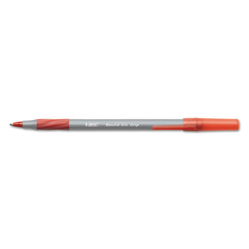 BiC - Round Stic Grip Xtra Comfort Ballpoint Pen, Easy-Glide System, Stick, Medium 1.2 mm, Red Ink, Gray/Red Barrel, Dozen
