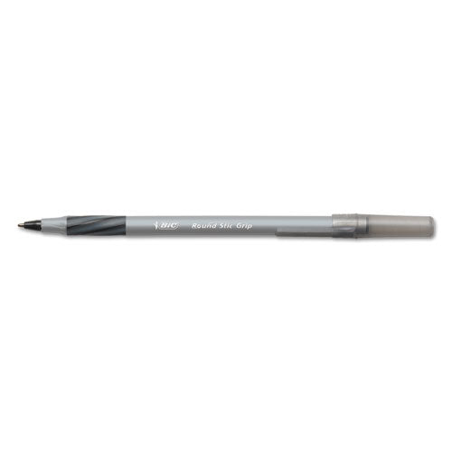 BiC - Round Stic Grip Xtra Comfort Ballpoint Pen, Easy-Glide System, Stick, Medium 1.2 mm, Black Ink, Gray/Black Barrel, Dozen