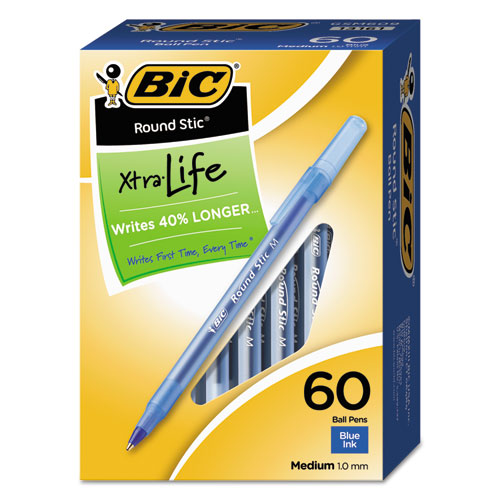 BiC - Round Stic Xtra Life Ballpoint Pen Value Pack, Stick, Medium 1 mm, Blue Ink, Translucent Blue Barrel, 60/Box
