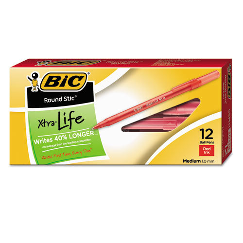 BiC - Round Stic Xtra Life Ballpoint Pen, Stick, Medium 1 mm, Red Ink, Translucent Red Barrel, Dozen