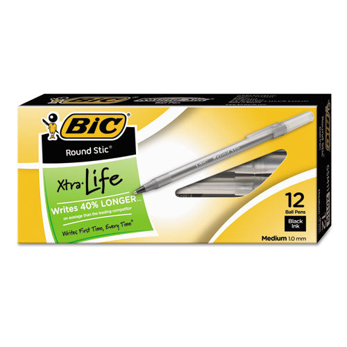 BiC - Round Stic Xtra Life Ballpoint Pen, Stick, Medium 1 mm, Black Ink, Translucent Black Barrel, Dozen