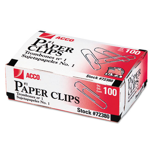 Acco - Paper Clips, #1, Smooth, Silver, 100 Clips/Box, 10 Boxes/Pack