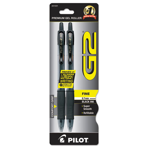 Pilot - G2 Premium Gel Pen, Retractable, Fine 0.7 mm, Black Ink, Smoke/Black Barrel, 2/Pack