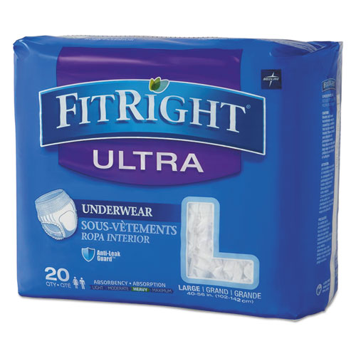 Medline - FitRight Ultra Protective Underwear, Large, 40" to 56" Waist, 20/Pack, 4 Pack/Carton