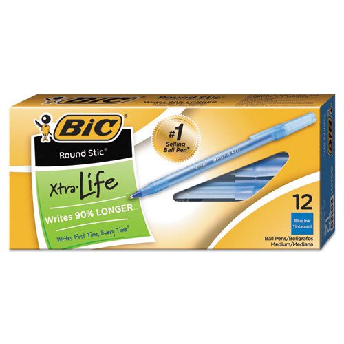 BiC - Round Stic Xtra Life Ballpoint Pen, Stick, Medium 1 mm, Blue Ink, Translucent Blue Barrel, Dozen