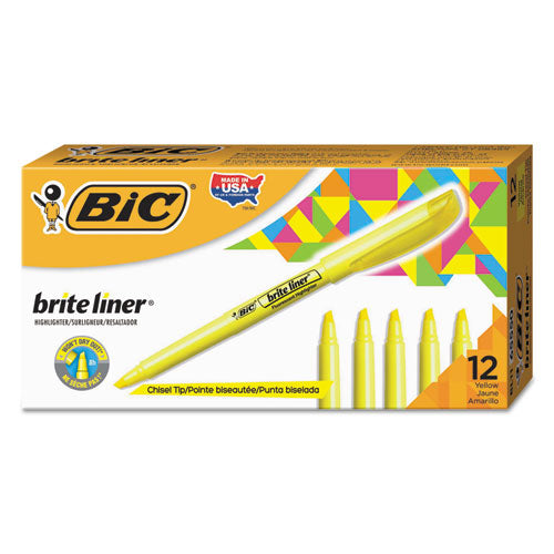 BiC - Brite Liner Highlighter, Fluorescent Yellow Ink, Chisel Tip, Yellow/Black Barrel, Dozen