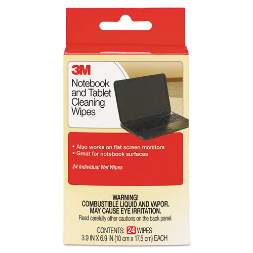 3M - Notebook Screen Cleaning Wet Wipes, Cloth, 1-Ply, 7 x 4, Unscented, White, 24/Pack