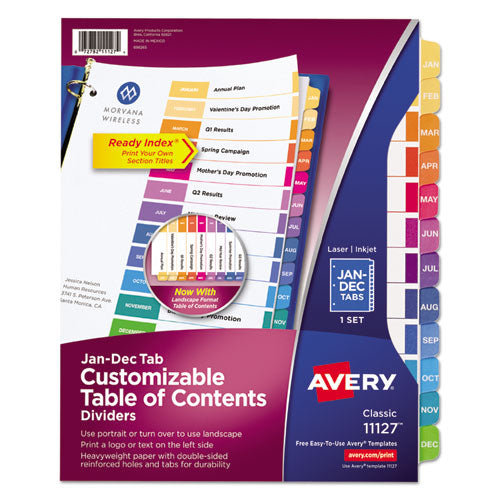 Avery - Customizable TOC Ready Index Multicolor Tab Dividers, 12-Tab, Jan. to Dec., 11 x 8.5, White, Traditional Color Tabs, 1 Set