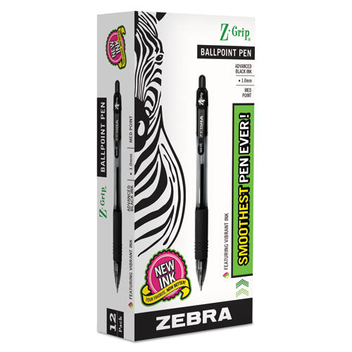 Zebra - Z-Grip Ballpoint Pen, Retractable, Medium 1 mm, Black Ink, Clear/Black Barrel, 12/Pack