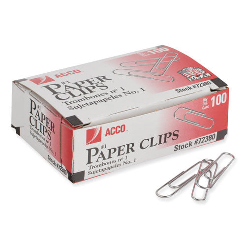 Acco - Paper Clips, #1, Smooth, Silver, 100 Clips/Box, 10 Boxes/Pack