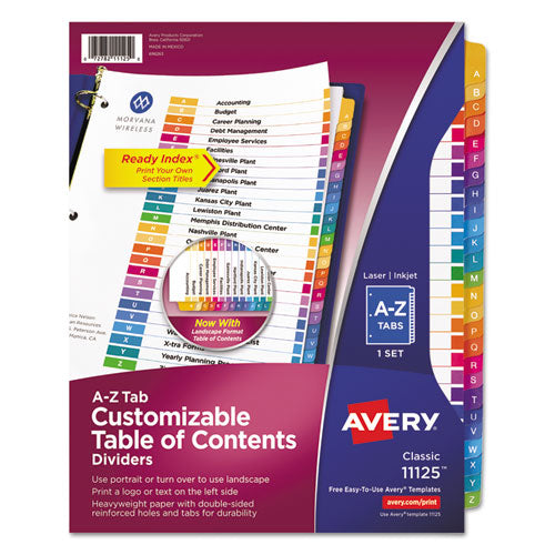 Avery - Customizable TOC Ready Index Multicolor Tab Dividers, 26-Tab, A to Z, 11 x 8.5, White, Traditional Color Tabs, 1 Set