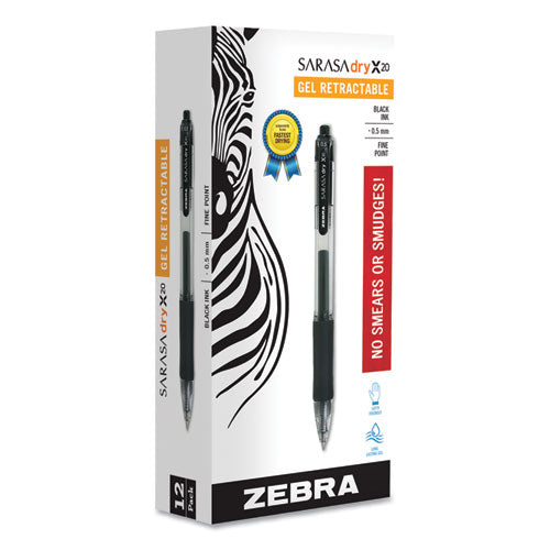 Zebra - Sarasa Dry Gel X20 Gel Pen, Retractable, Fine 0.5 mm, Black Ink, Clear/Black Barrel, 12/Pack  ZEB46710