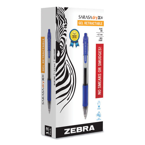 Zebra - Sarasa Dry Gel X20 Gel Pen, Retractable, Medium 0.7 mm, Blue Ink, Clear/Blue Barrel, 12/Pack