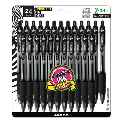 Zebra - Z-Grip Ballpoint Pen, Retractable, Medium 1 mm, Black Ink, Clear/Black Barrel, 24/Pack