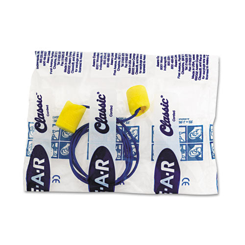 3M - E-A-R Classic Earplugs, Corded, PVC Foam, Yellow, 200 Pairs/Box
