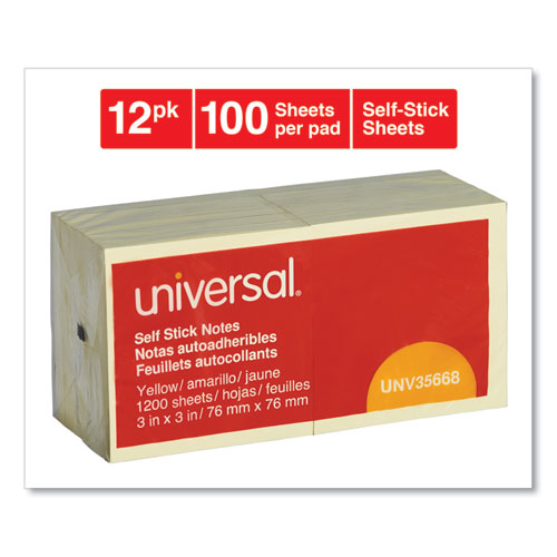 Universal - Self-Stick Note Pads, 3" x 3", Yellow, 100 Sheets/Pad, 12 Pads/Pack