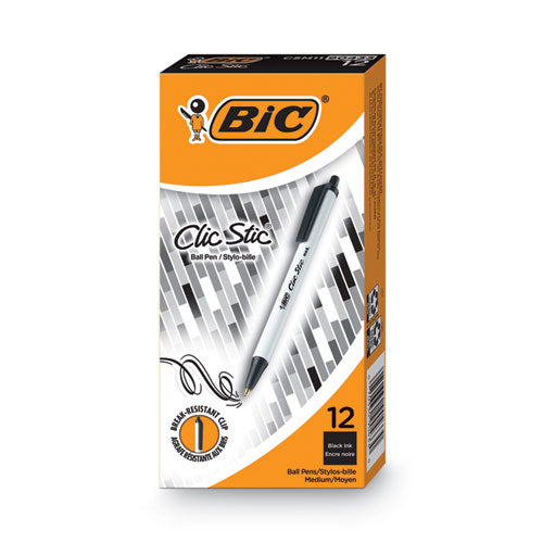 BiC - Clic Stic Ballpoint Pen, Retractable, Medium 1 mm, Black Ink, White Barrel, Dozen