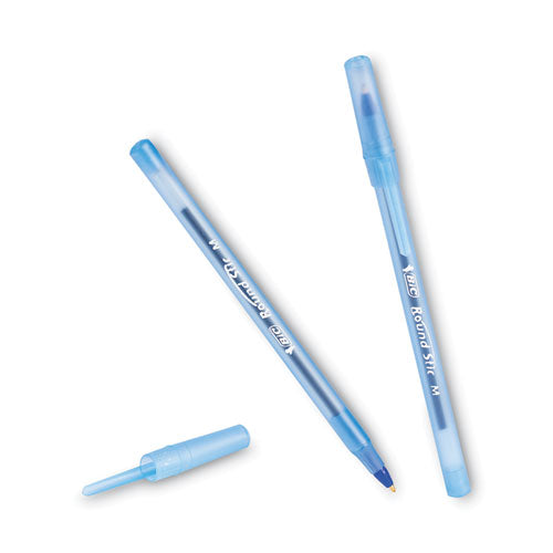 BiC - Round Stic Xtra Life Ballpoint Pen, Stick, Medium 1 mm, Blue Ink, Translucent Blue Barrel, Dozen