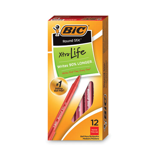 BiC - Round Stic Xtra Life Ballpoint Pen, Stick, Medium 1 mm, Red Ink, Translucent Red Barrel, Dozen