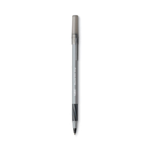 BiC - Round Stic Grip Xtra Comfort Ballpoint Pen, Easy-Glide System, Stick, Medium 1.2 mm, Black Ink, Gray/Black Barrel, Dozen